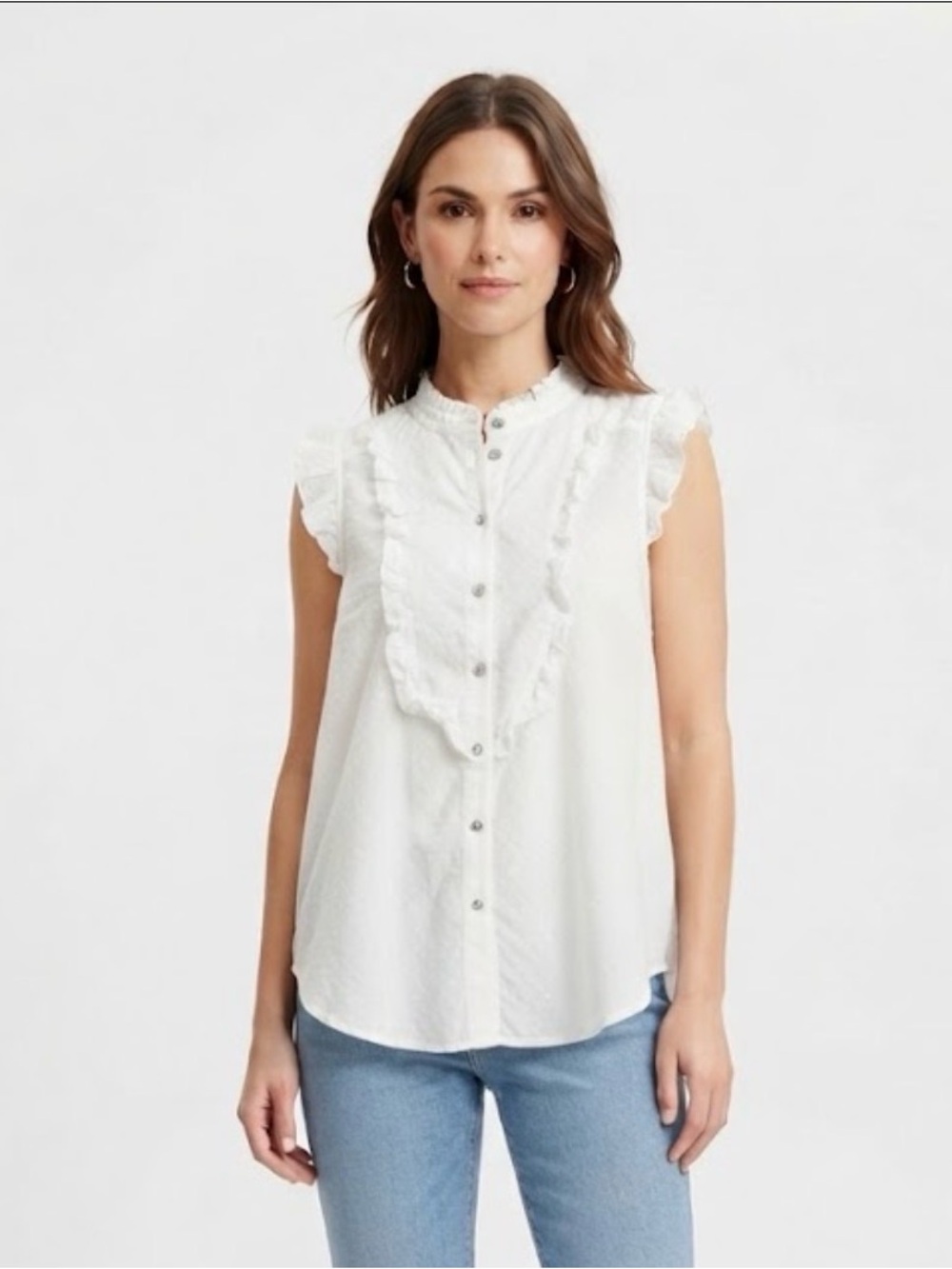 Anthropologie White Ruffled Sleeveless Button-Up Blouse